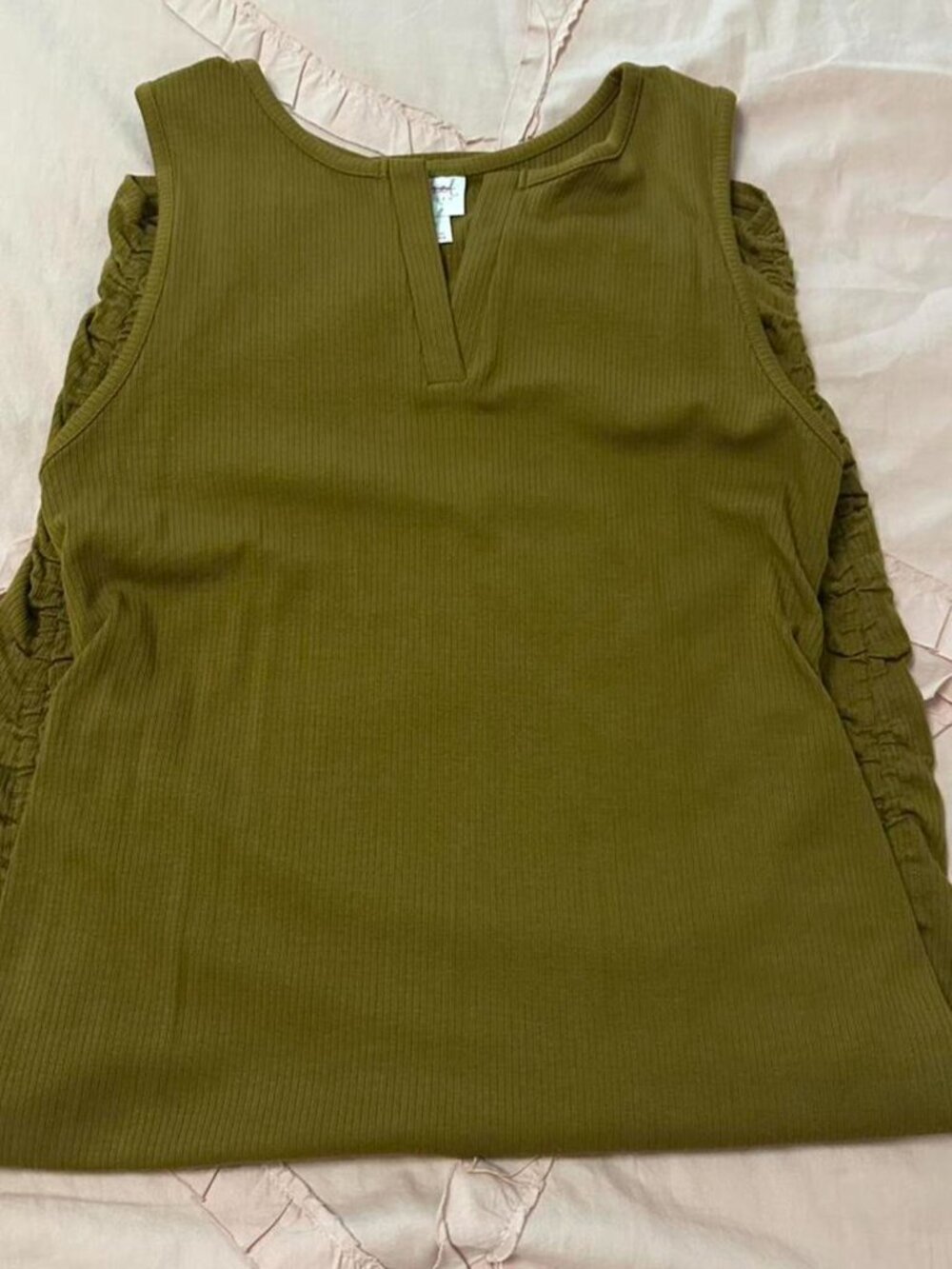 Isabel Maternity olive green/brown maternity midi dress with full ruched sides.